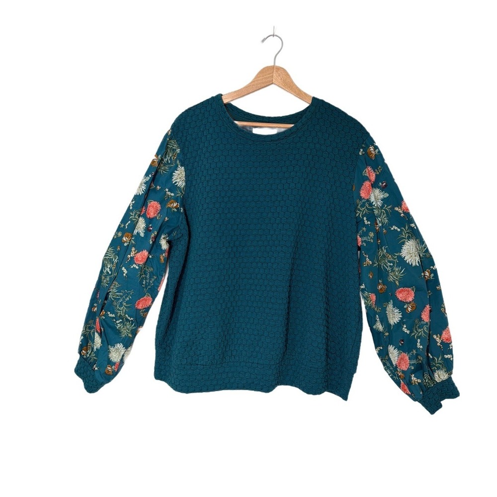 Anthropologie Porridge textured top floral-printed puff sleeves Boho Teal 1X - Picture 3 of 10